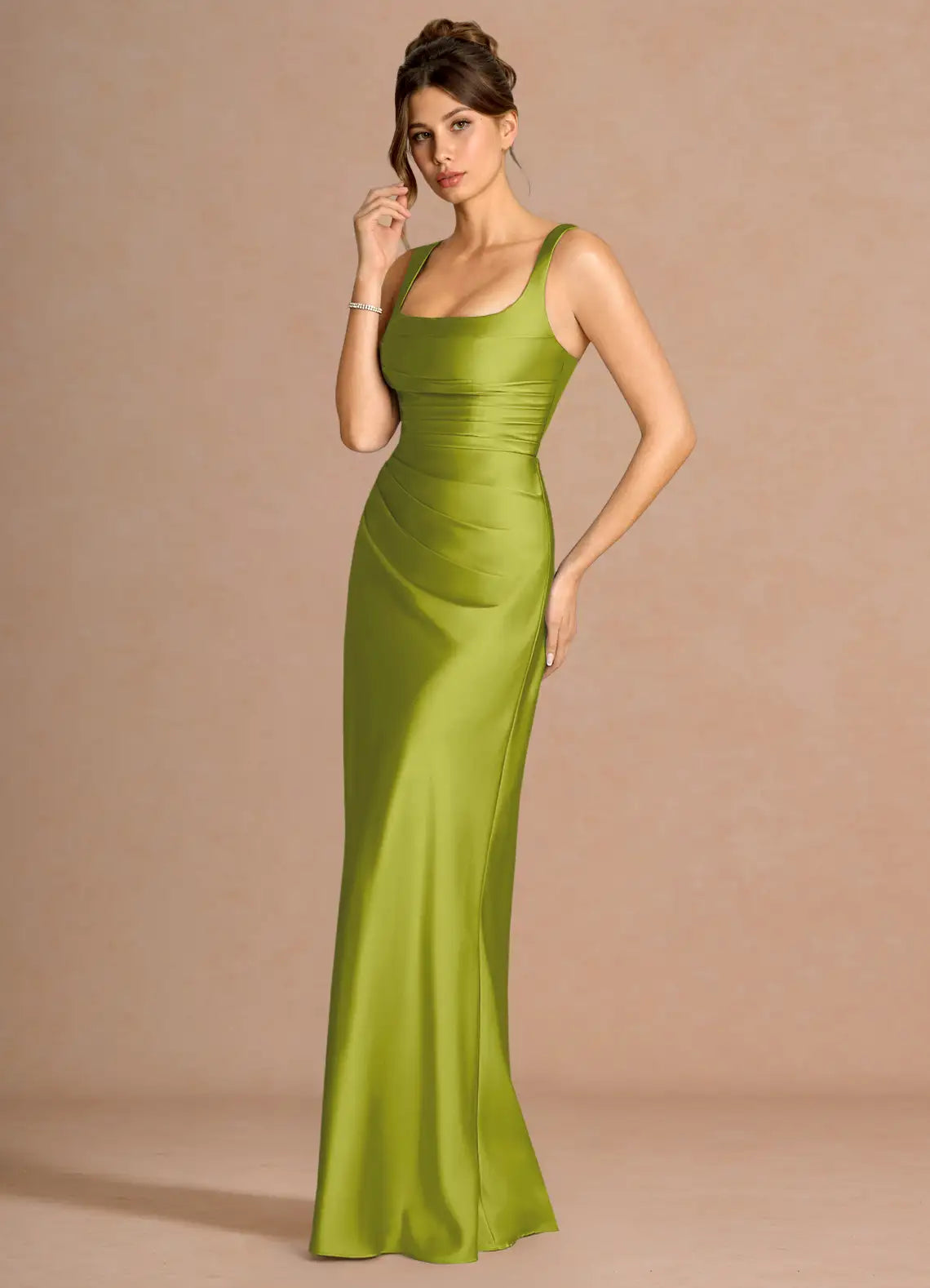 Olive Green Square Neck Sash Lace Up Back Mermaid Maxi Wedding Guest Dress