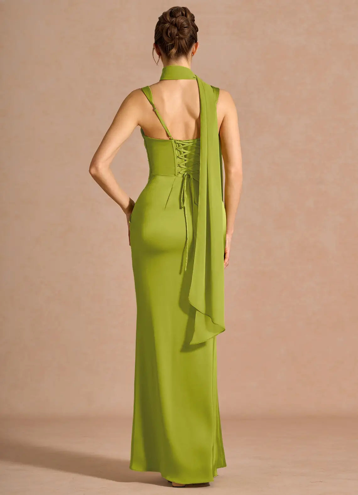 Olive Green Square Neck Sash Lace Up Back Mermaid Maxi Wedding Guest Dress