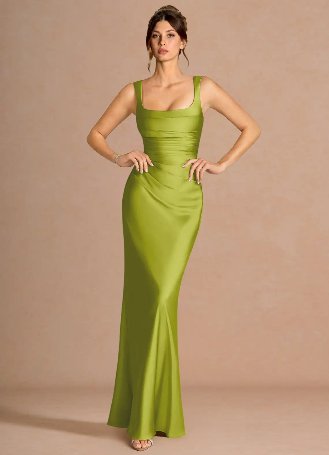 Olive Green Square Neck Sash Lace Up Back Mermaid Maxi Wedding Guest Dress