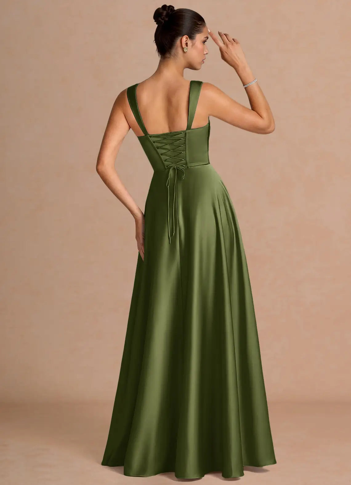 Olive Green Wide Strap Square Neck Lace-Up Back Satin A-Line Maxi Bridesmaid Dress