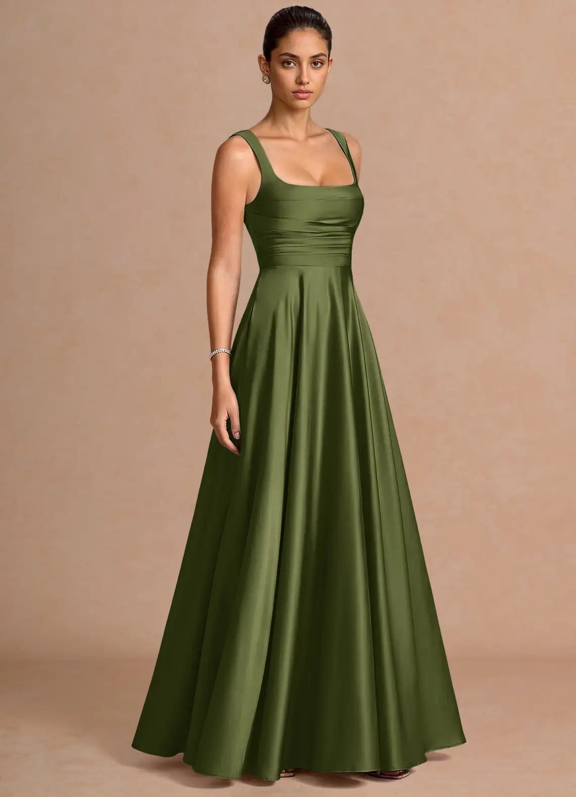 Olive Green Wide Strap Square Neck Lace-Up Back Satin A-Line Maxi Bridesmaid Dress