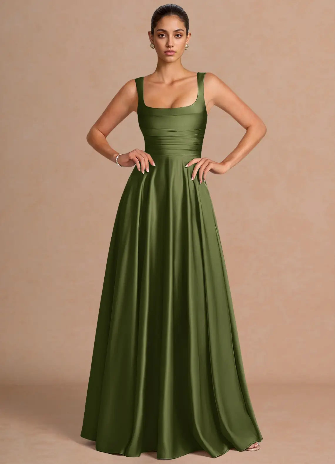 Olive Green Wide Strap Square Neck Lace-Up Back Satin A-Line Maxi Bridesmaid Dress