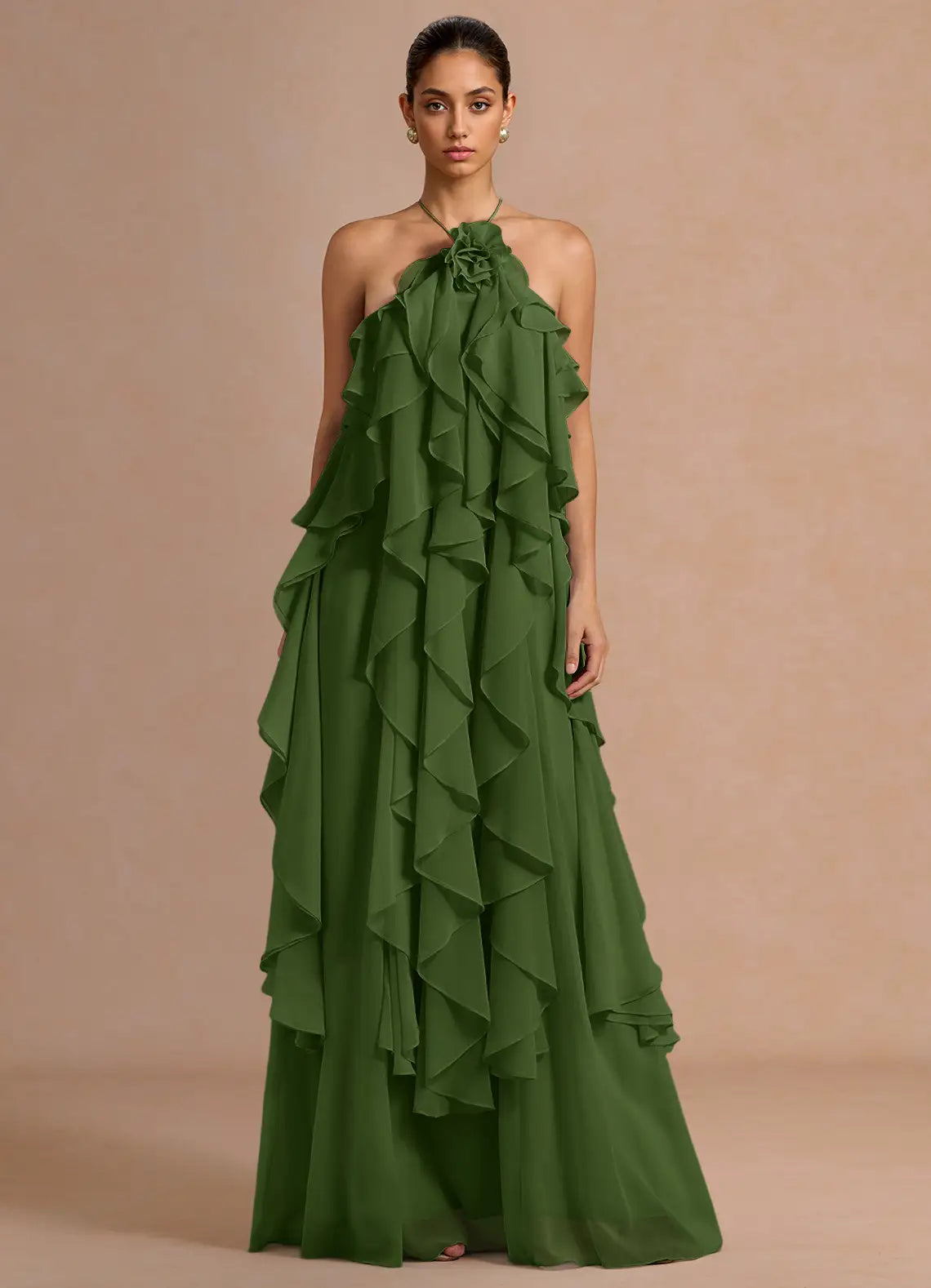 Olive Halter 3D Flower Ruffle Cross Back Chiffon Maxi Wedding Guest Dress