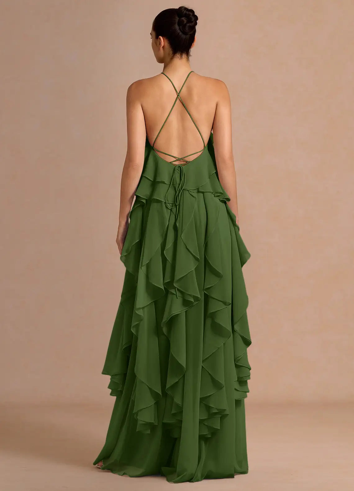 Olive Halter 3D Flower Ruffle Cross Back Chiffon Maxi Wedding Guest Dress