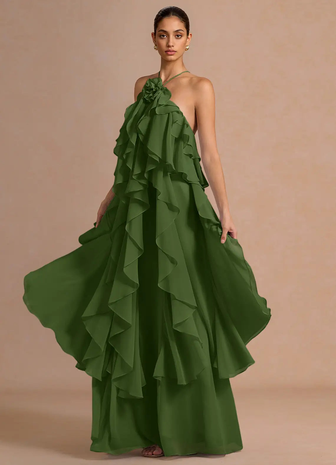 Olive Halter 3D Flower Ruffle Cross Back Chiffon Maxi Wedding Guest Dress