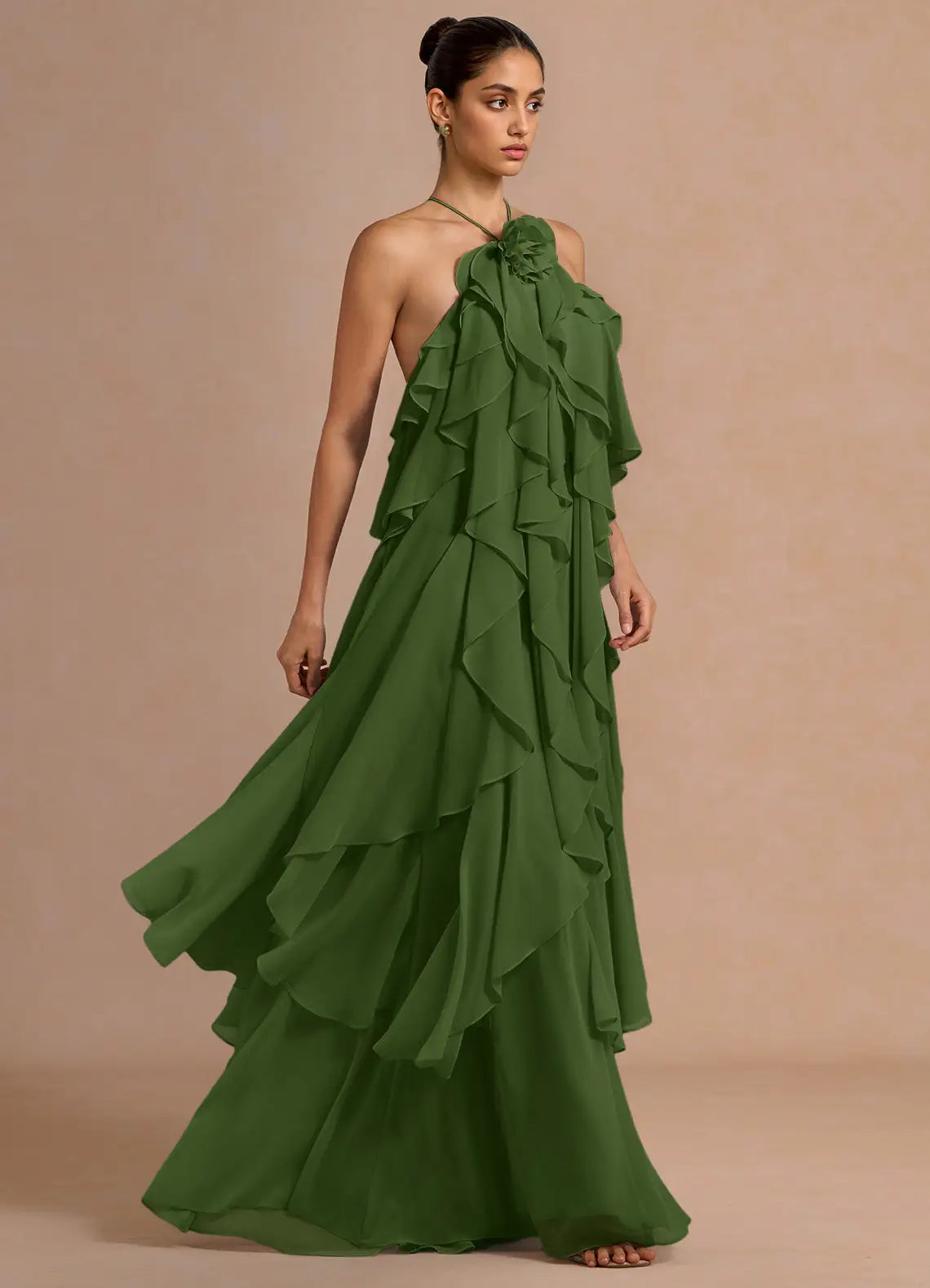 Olive Halter 3D Flower Ruffle Cross Back Chiffon Maxi Wedding Guest Dress