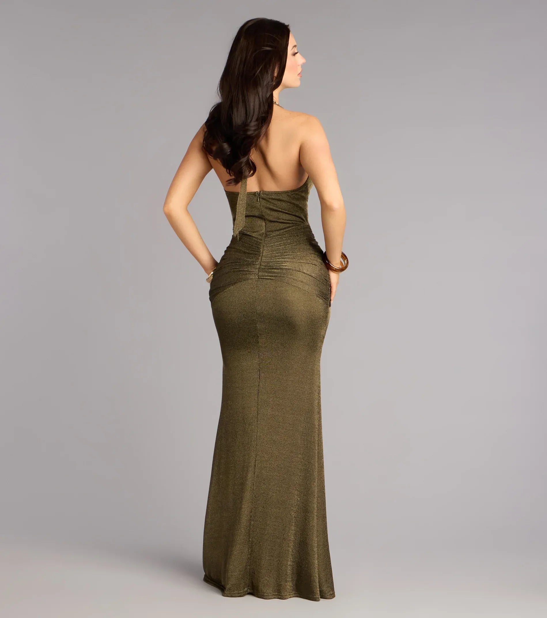 Olive Halter Deep V-Neck Ruched Glitter Mermaid Maxi Wedding Guest Dresses
