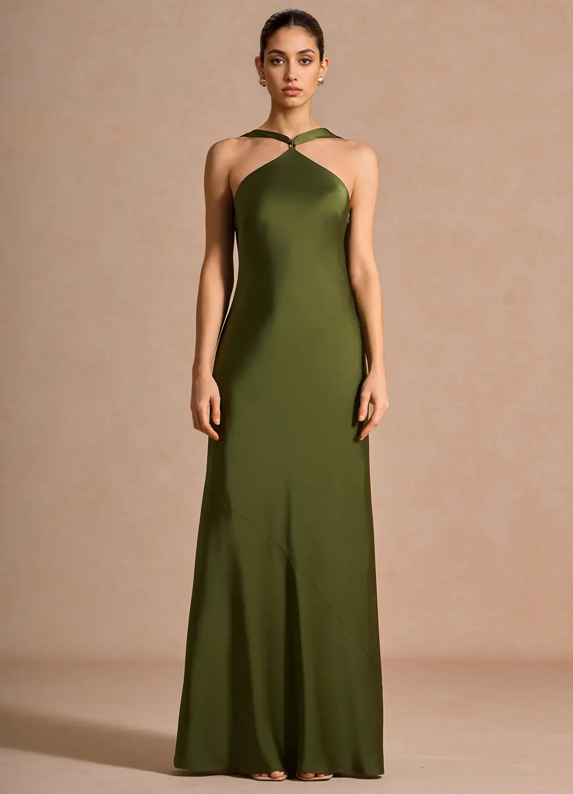 Olive Halter Keyhole Detachable Ribbon Satin Mermaid Maxi Bridesmaid Dress