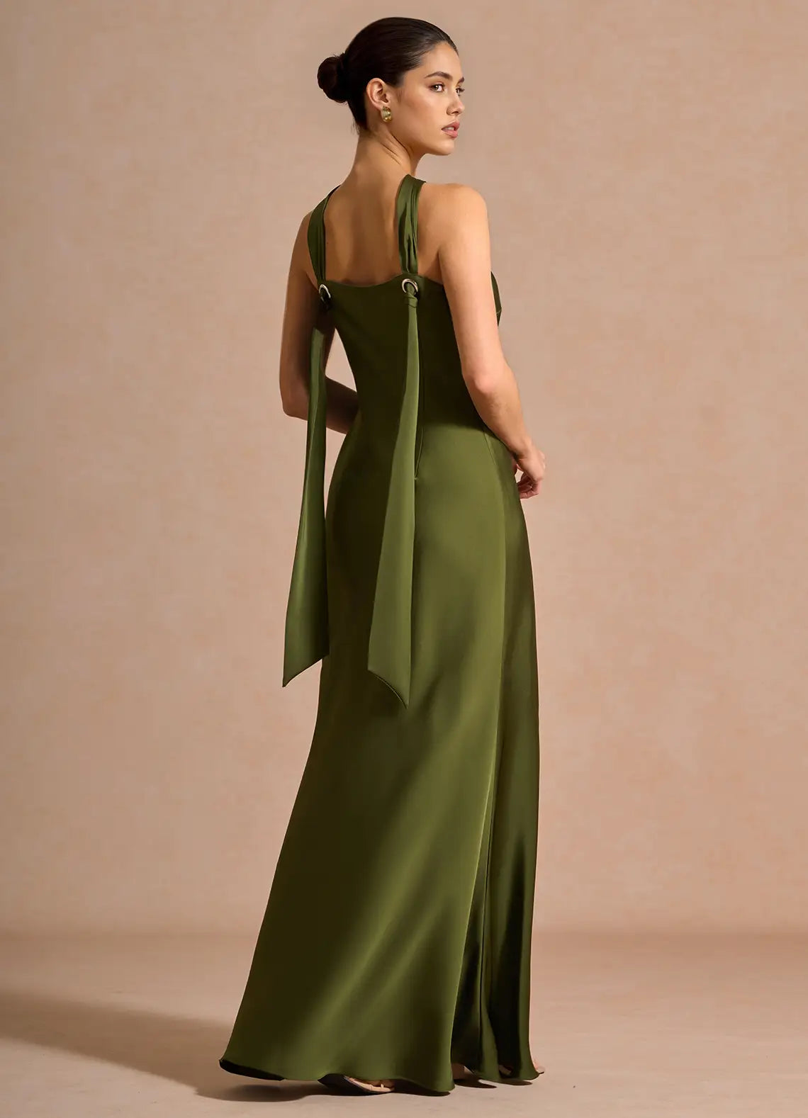 Olive Halter Keyhole Detachable Ribbon Satin Mermaid Maxi Bridesmaid Dress