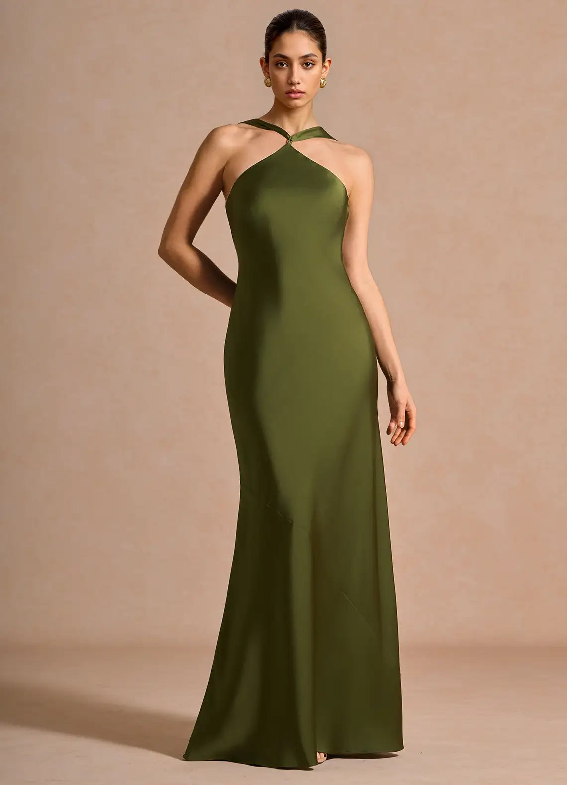 Olive Halter Keyhole Detachable Ribbon Satin Mermaid Maxi Bridesmaid Dress