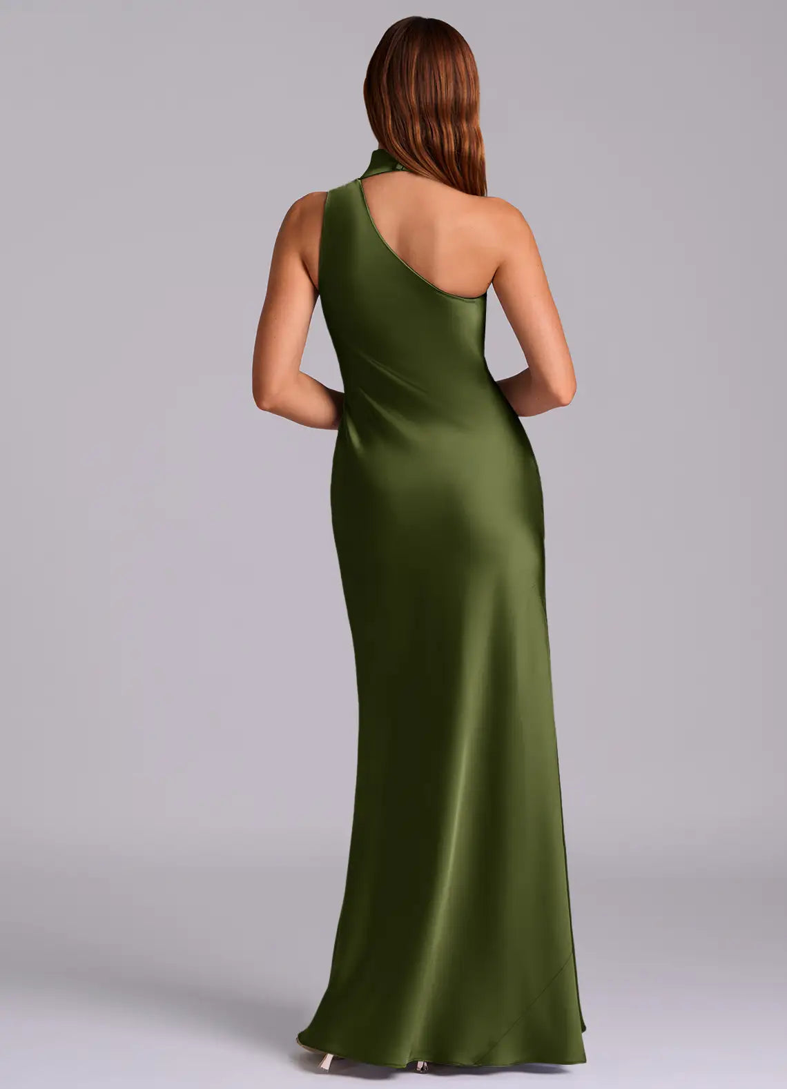 Olive Halter One Shoulder Draped Mermaid Maxi Satin Bridesmaid Dress