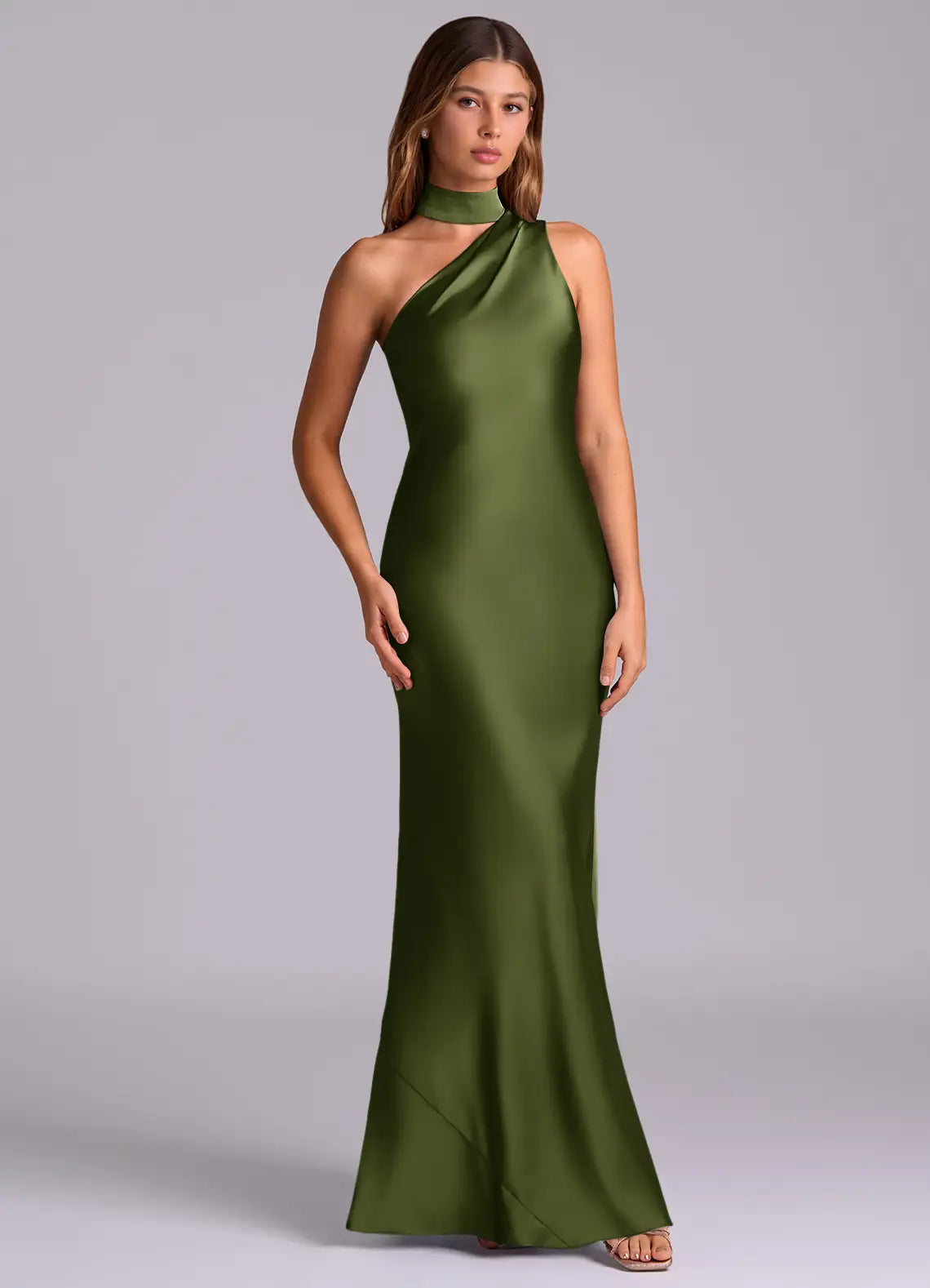 Olive Halter One Shoulder Draped Mermaid Maxi Satin Bridesmaid Dress