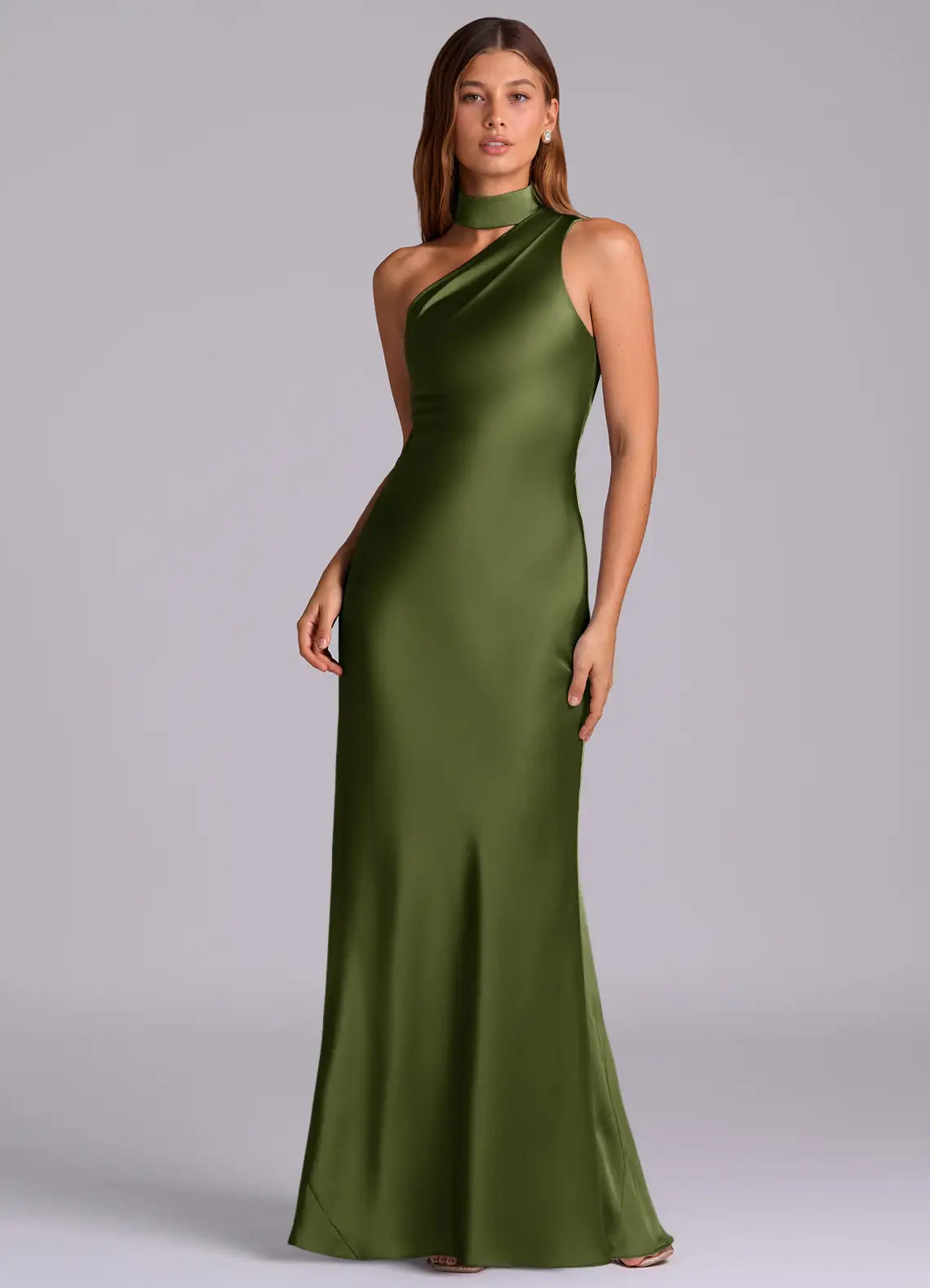 Olive Halter One Shoulder Draped Mermaid Maxi Satin Bridesmaid Dress