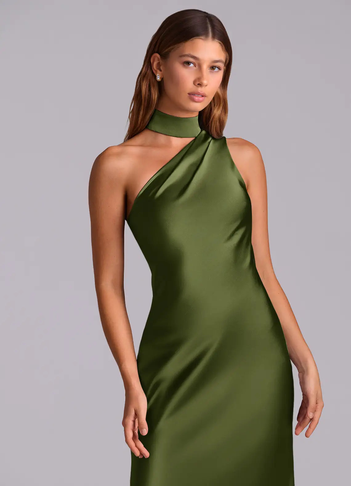 Olive Halter One Shoulder Draped Mermaid Maxi Satin Bridesmaid Dress