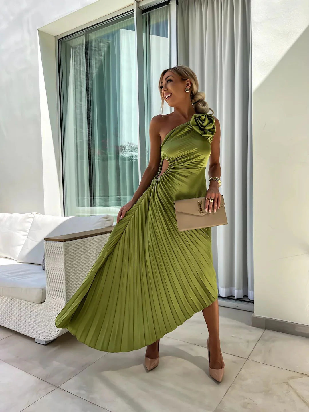 Olive Midi One-Shoulder Floral-Appliqué Cutout Pleated Wedding Guest Dress