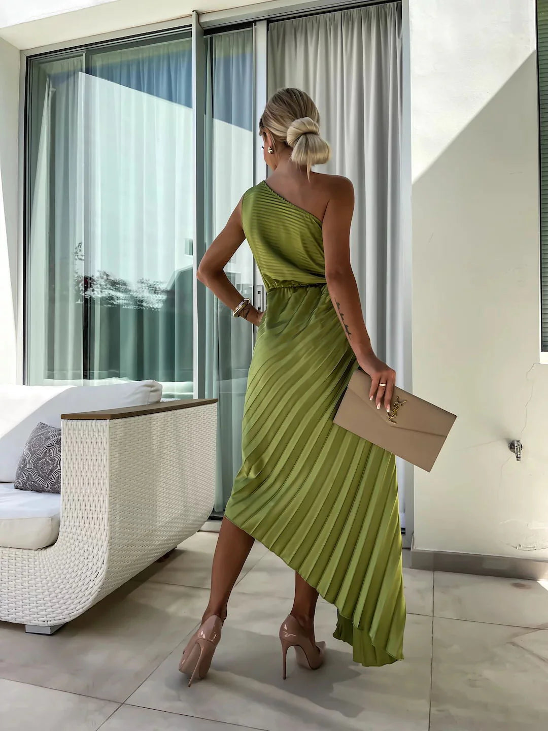 Olive Midi One-Shoulder Floral-Appliqué Cutout Pleated Wedding Guest Dress