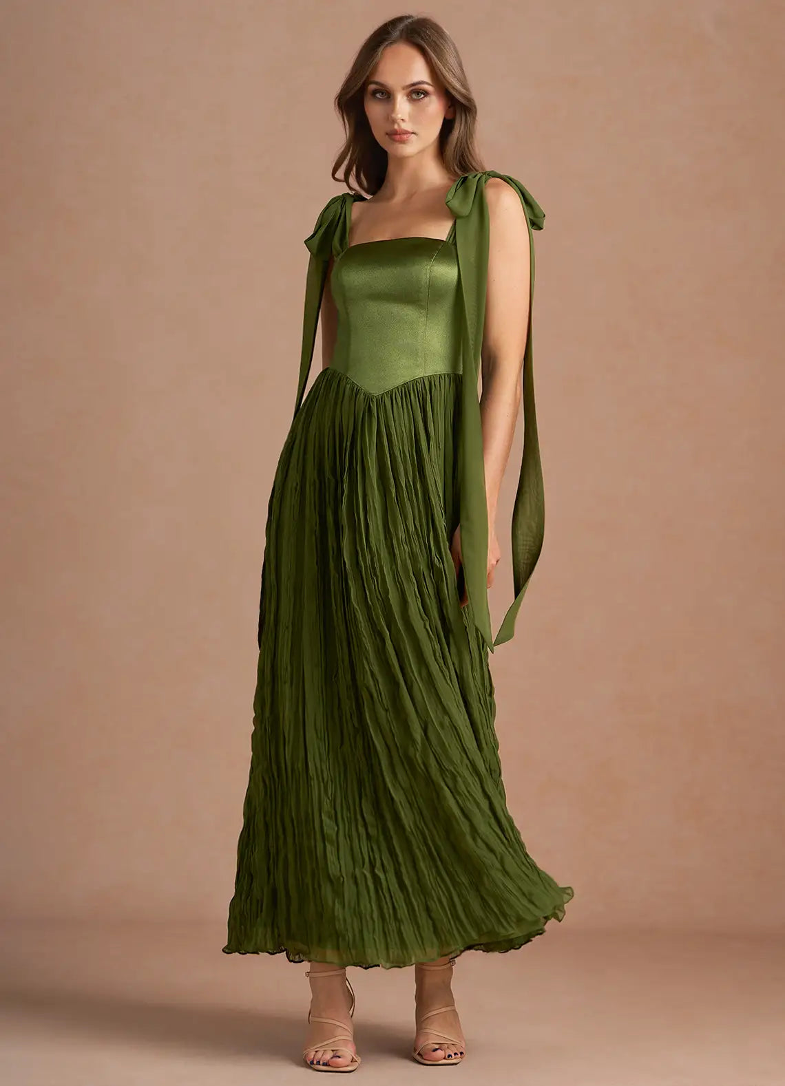 Olive Midi Square-Neck Tie-Strap Satin Bodice Crinkled Chiffon Wedding Guest Dress