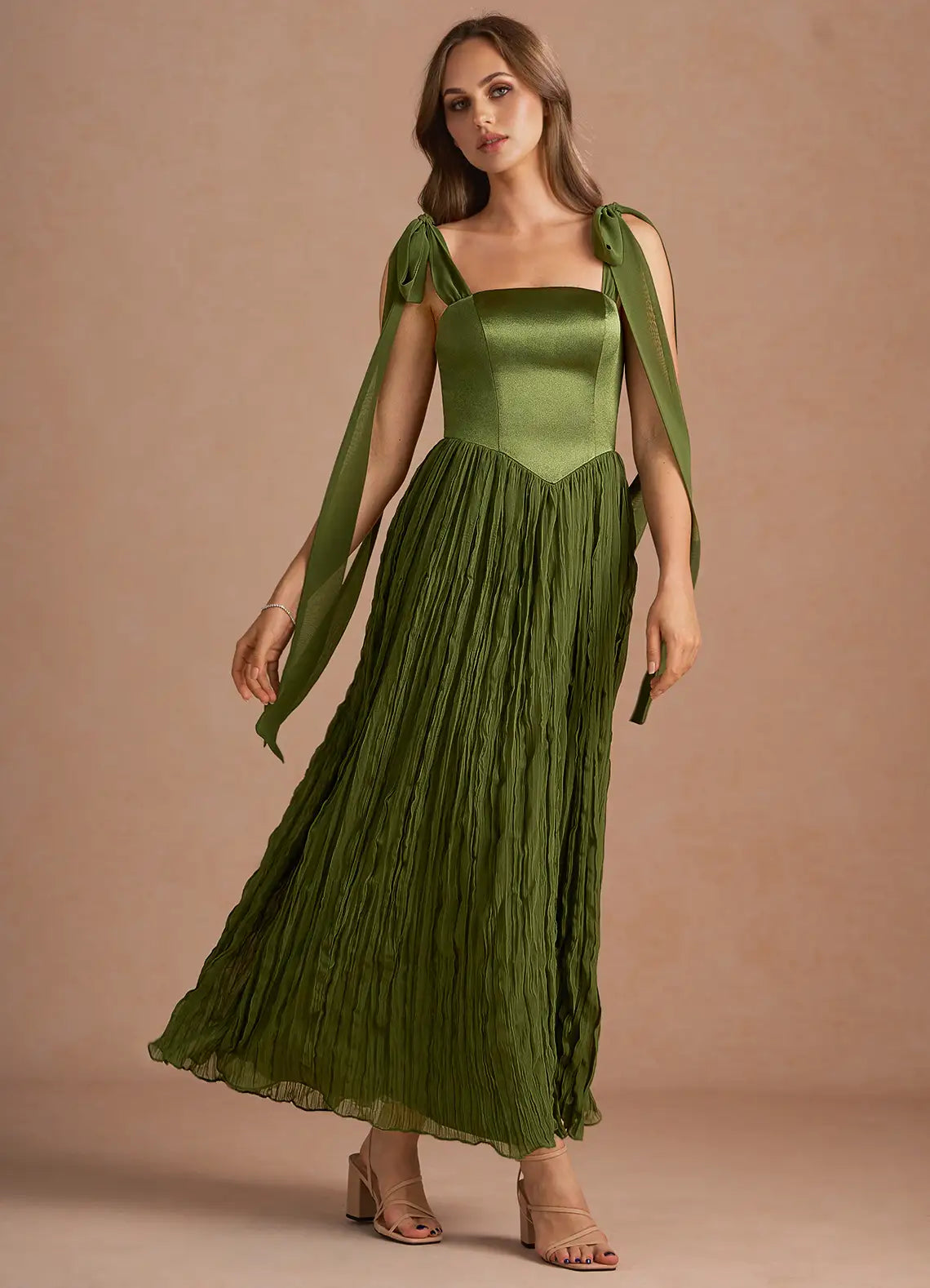 Olive Midi Square-Neck Tie-Strap Satin Bodice Crinkled Chiffon Wedding Guest Dress