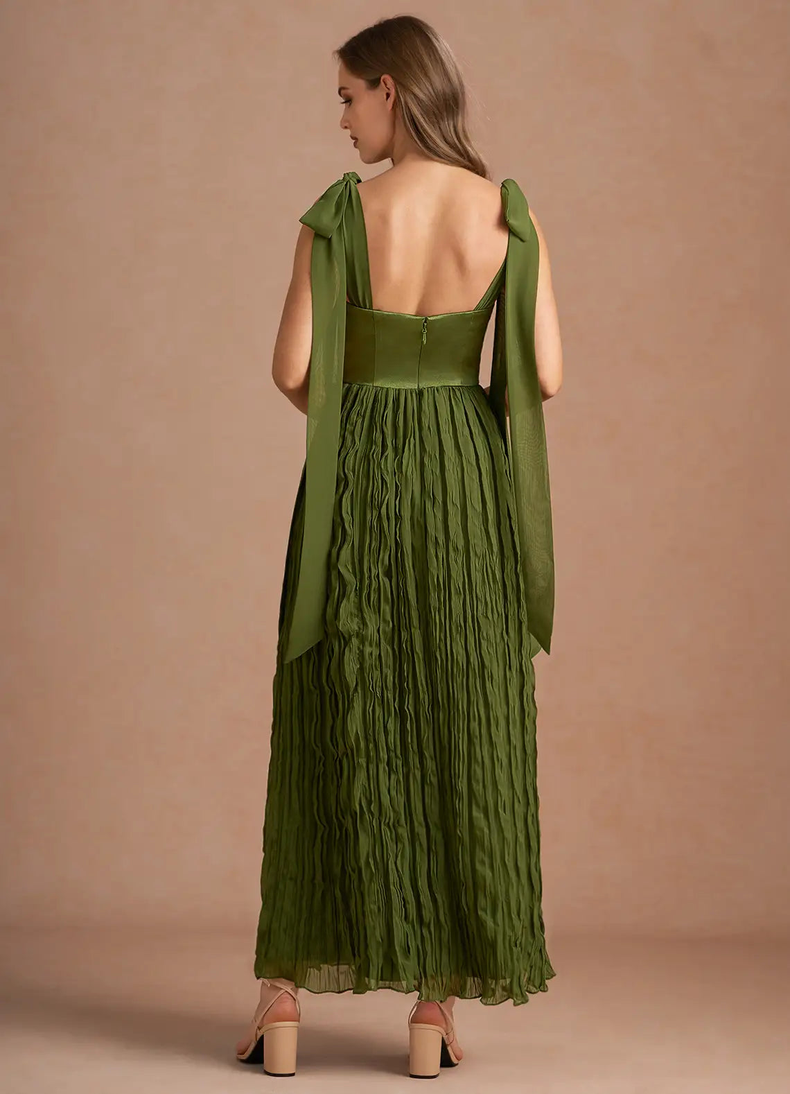 Olive Midi Square-Neck Tie-Strap Satin Bodice Crinkled Chiffon Wedding Guest Dress