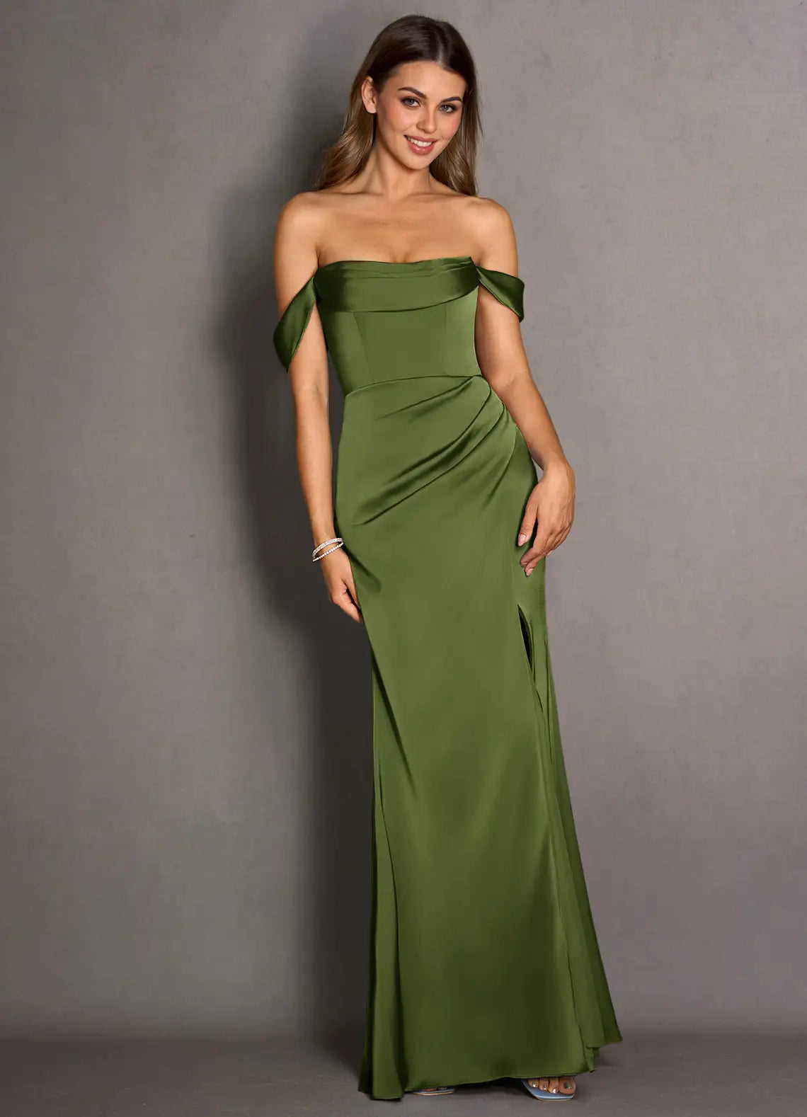 Olive Off Shoulder Fold Over Ruched High Slit Mermaid Maxi Satin Wedding Guest Dress