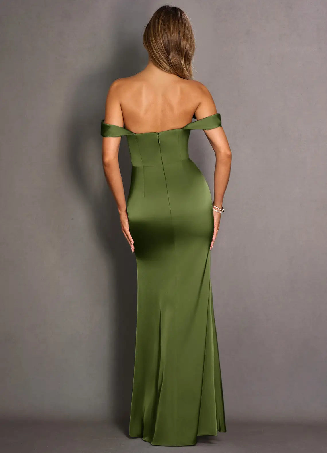 Olive Off Shoulder Fold Over Ruched High Slit Mermaid Maxi Satin Wedding Guest Dress