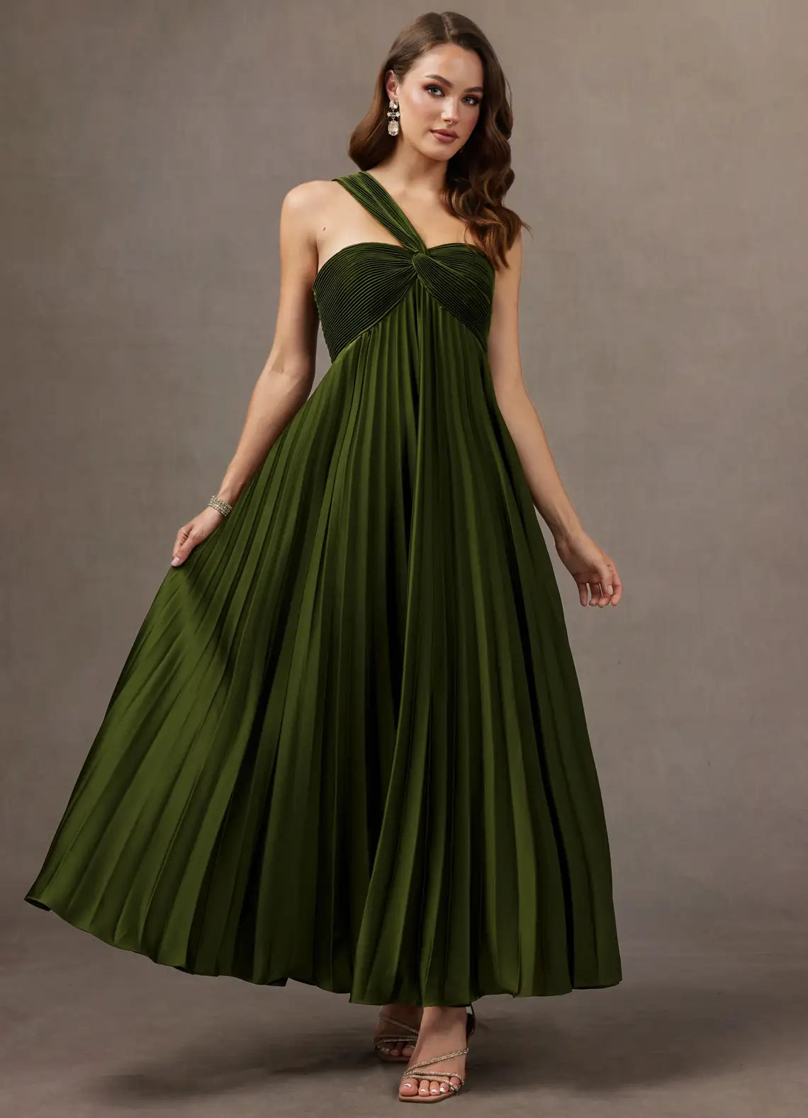 Olive One Shoulder Twist Pleated Chiffon A-Line Midi Maxi Bridesmaid Dress