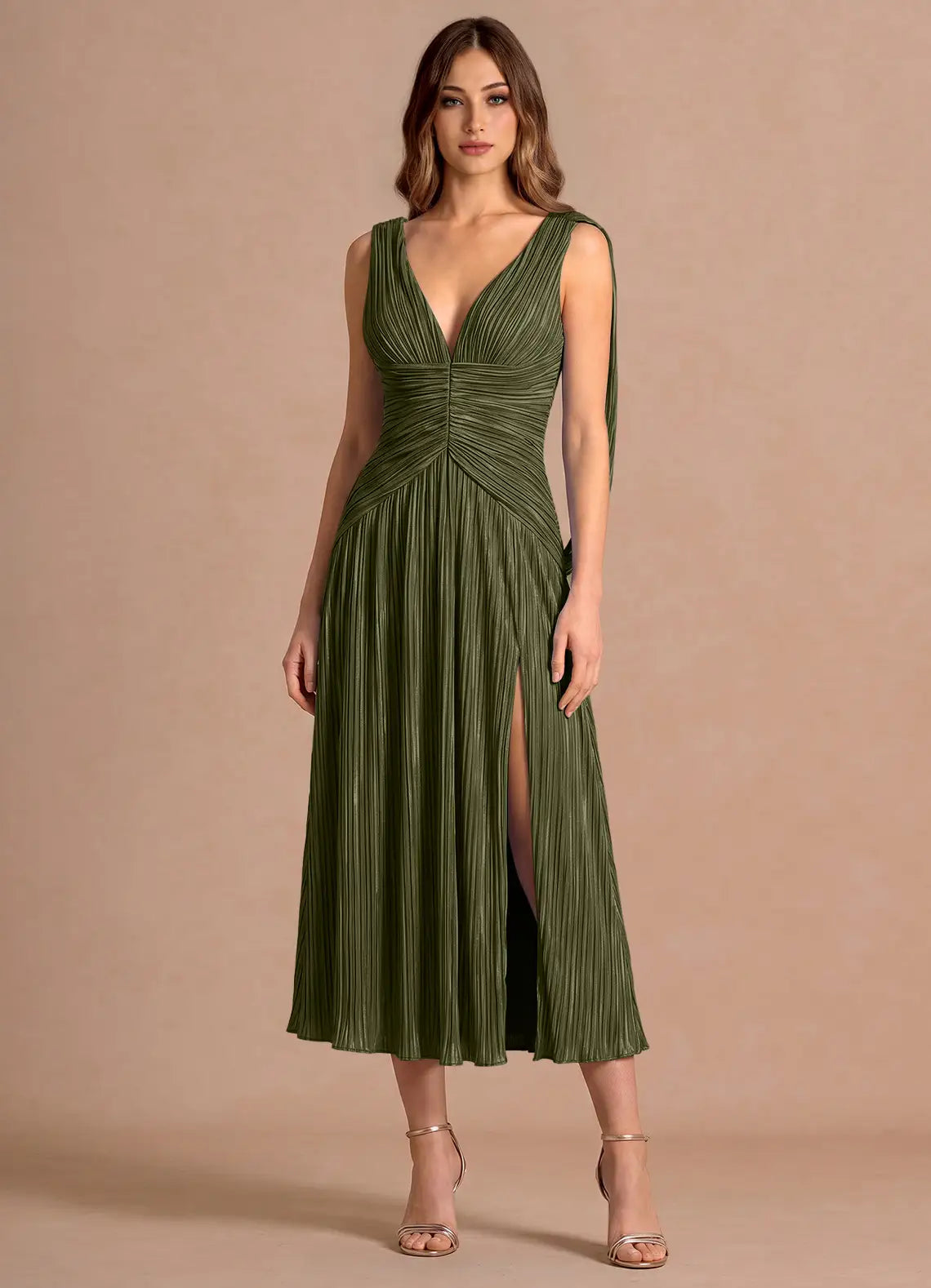 Olive Sleeveless Deep V Ruched Draped Back High Slit Pleated Midi Wedding Guest Dress