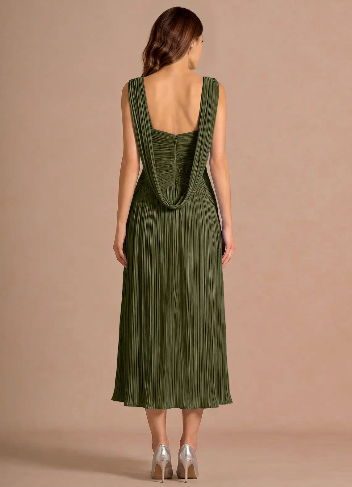 Olive Sleeveless Deep V Ruched Draped Back High Slit Pleated Midi Wedding Guest Dress