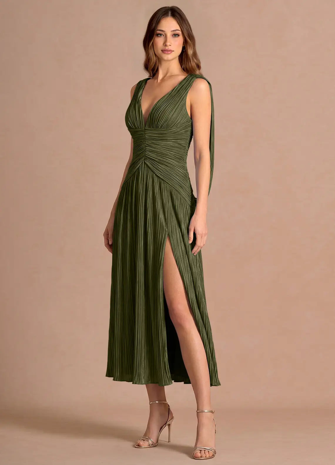 Olive Sleeveless Deep V Ruched Draped Back High Slit Pleated Midi Wedding Guest Dress