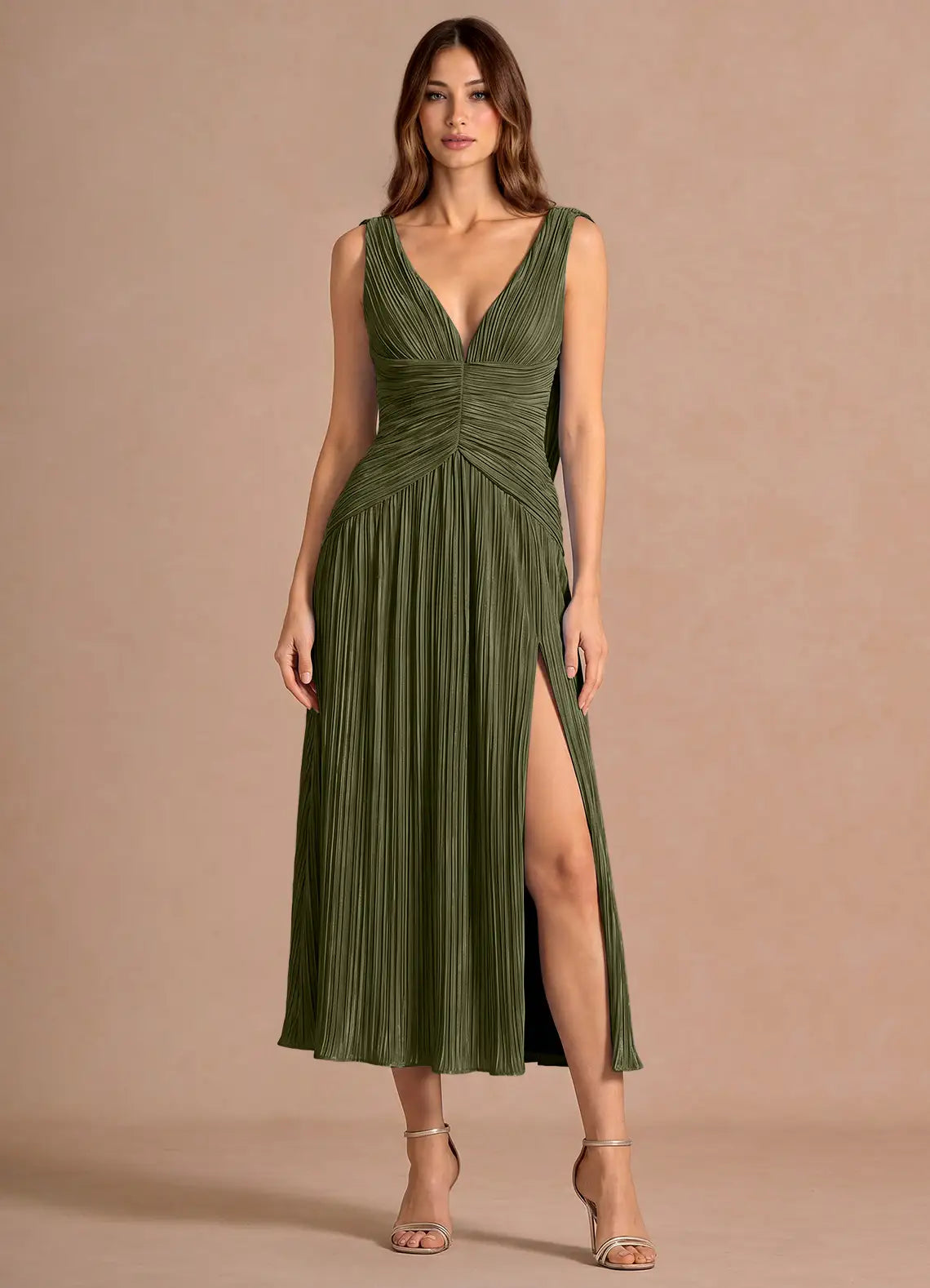 Olive Sleeveless Deep V Ruched Draped Back High Slit Pleated Midi Wedding Guest Dress