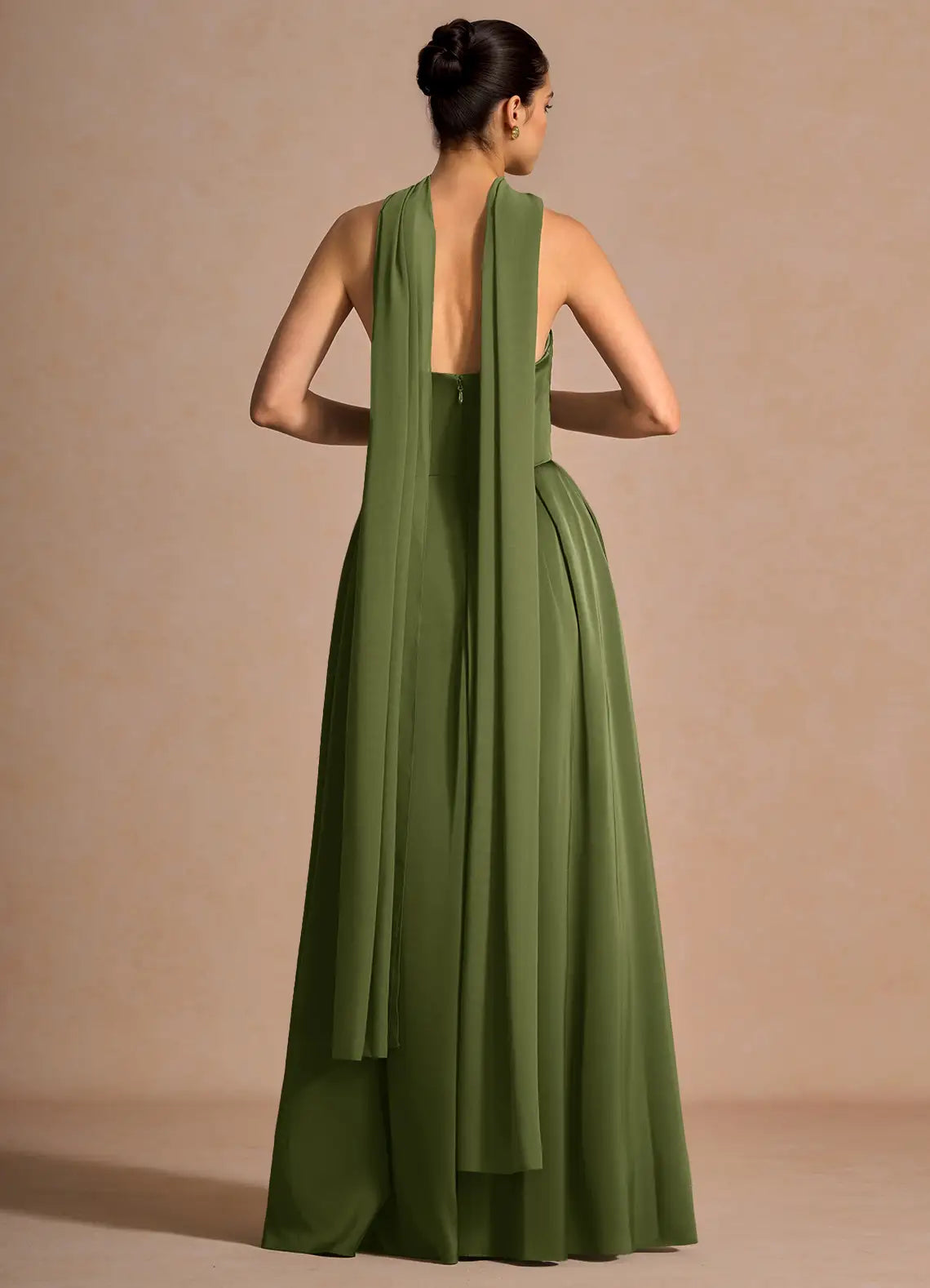 Olive Strapless Pleated Bodice Scarf Sash Slit A-Line Maxi Wedding Guest Dress