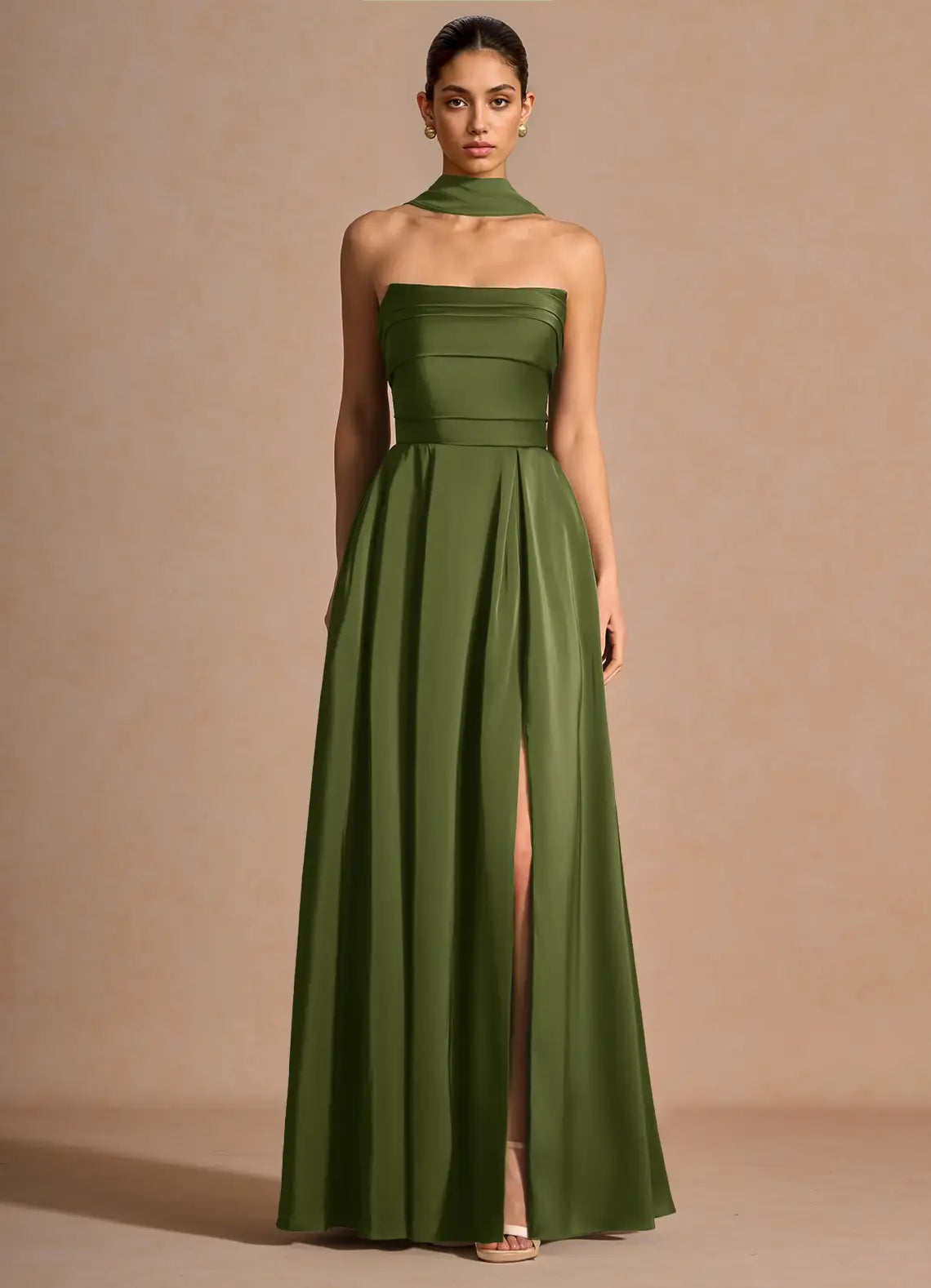 Olive Strapless Pleated Bodice Scarf Sash Slit A-Line Maxi Wedding Guest Dress