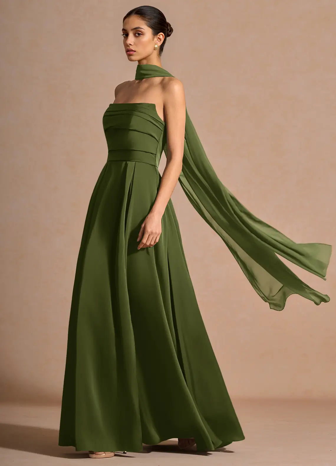 Olive Strapless Pleated Bodice Scarf Sash Slit A-Line Maxi Wedding Guest Dress