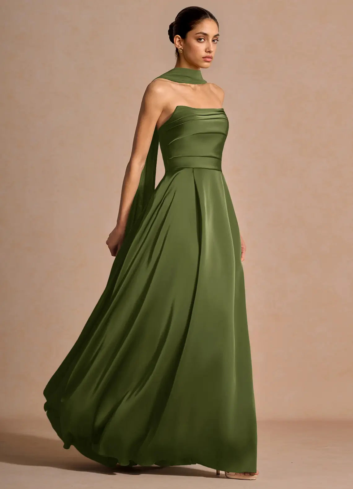 Olive Strapless Pleated Bodice Scarf Sash Slit A-Line Maxi Wedding Guest Dress