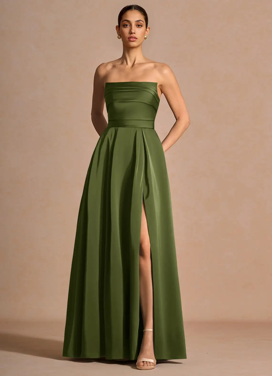 Olive Strapless Pleated Bodice Scarf Sash Slit A-Line Maxi Wedding Guest Dress