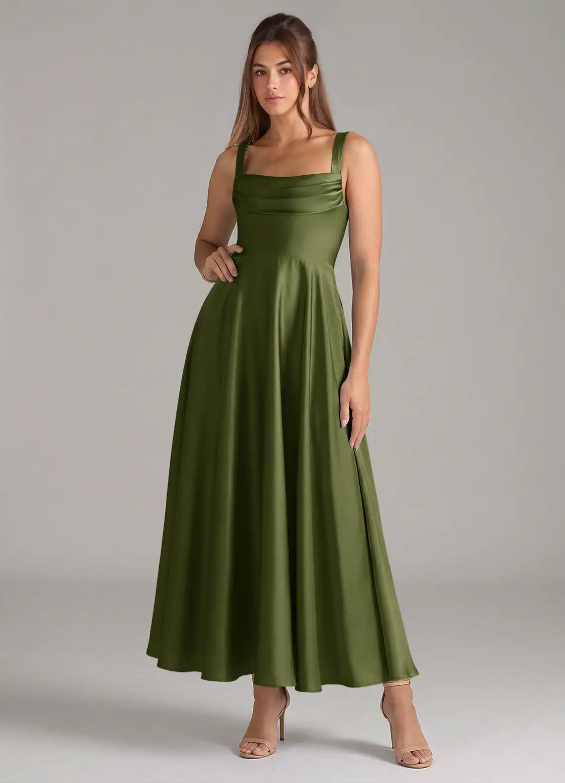 Olive Wide Strap Square Cowl Neck A Line Pocket Midi Satin Bridesmaid Dress