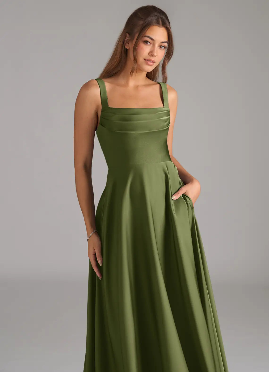 Olive Wide Strap Square Cowl Neck A Line Pocket Midi Satin Bridesmaid Dress