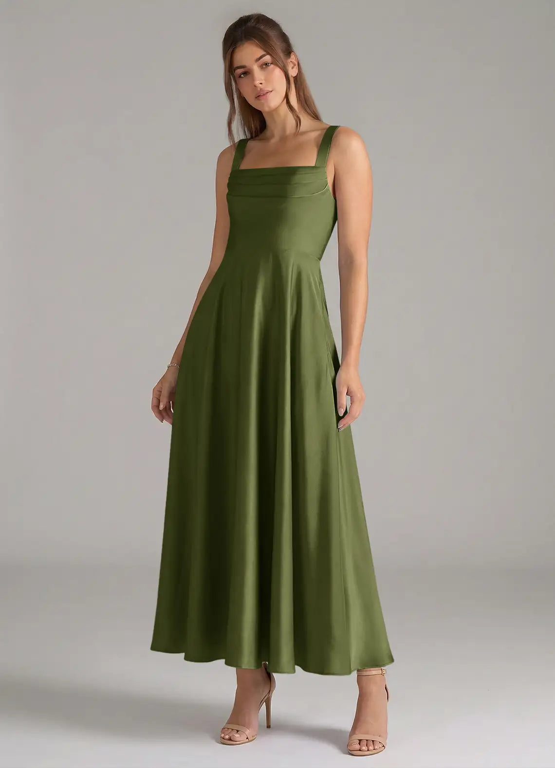 Olive Wide Strap Square Cowl Neck A Line Pocket Midi Satin Bridesmaid Dress