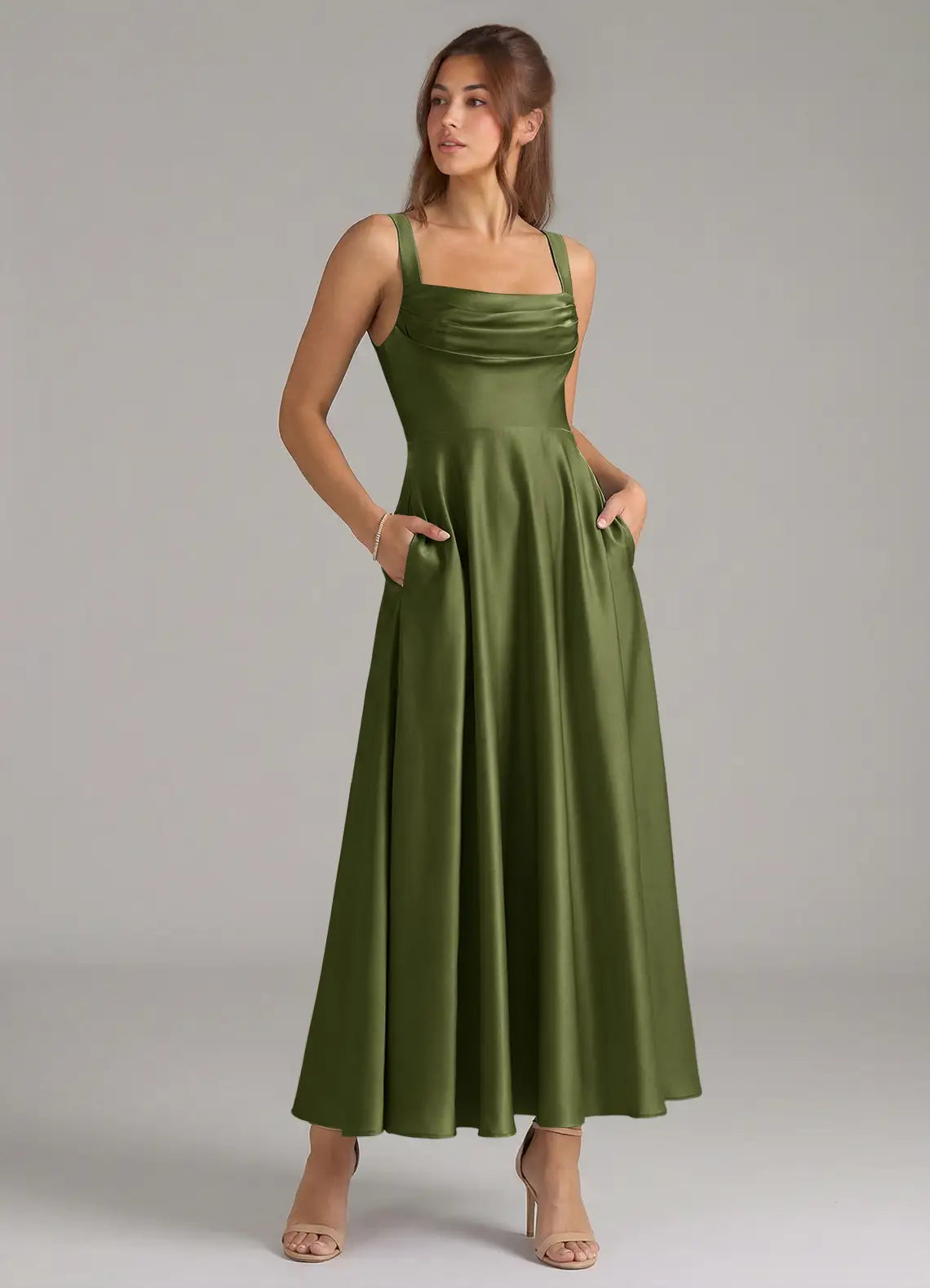 Olive Wide Strap Square Cowl Neck A Line Pocket Midi Satin Bridesmaid Dress