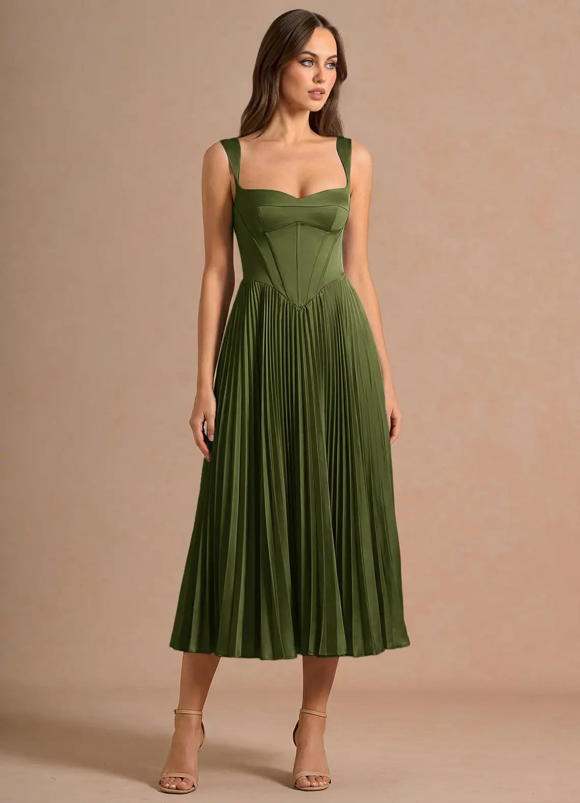 Olive Wide Strap Sweetheart Corset Pleated Satin Midi Bridesmaid Dress