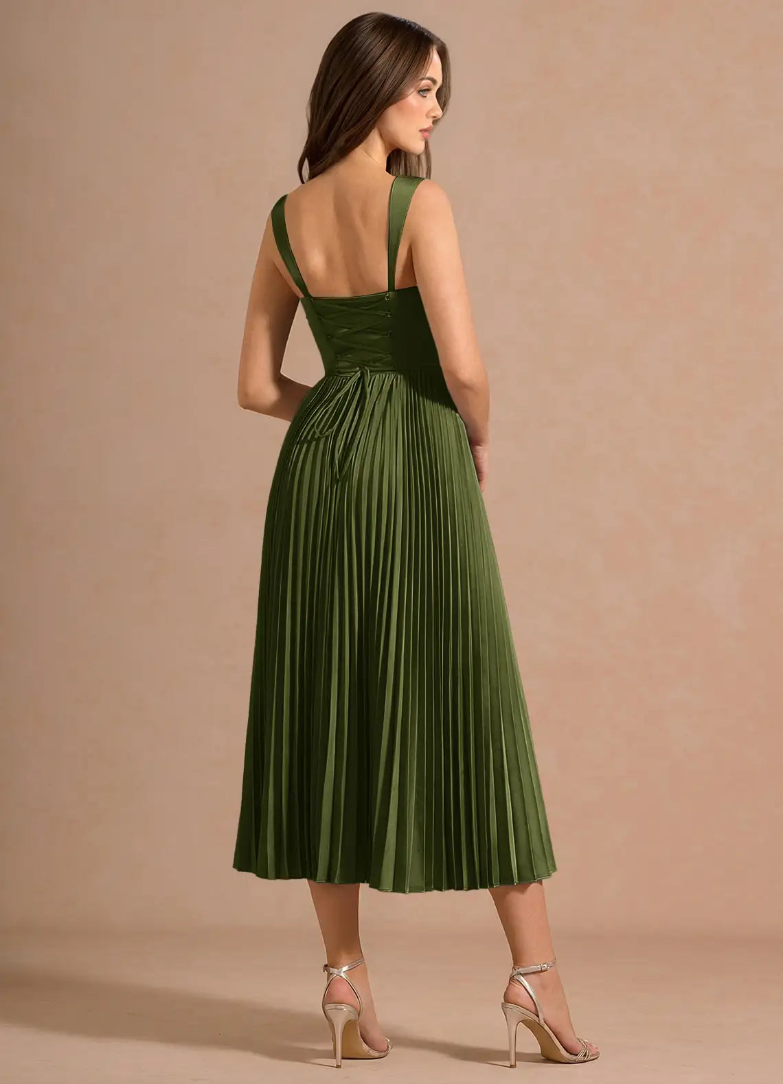 Olive Wide Strap Sweetheart Corset Pleated Satin Midi Bridesmaid Dress