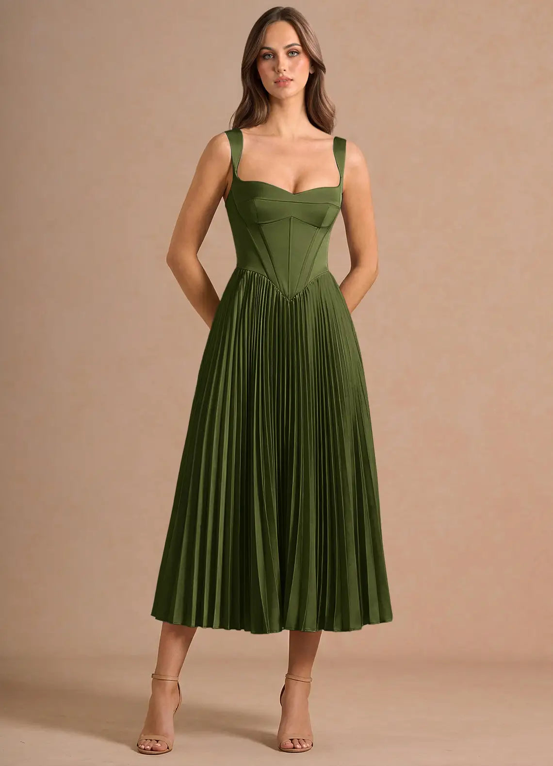 Olive Wide Strap Sweetheart Corset Pleated Satin Midi Bridesmaid Dress