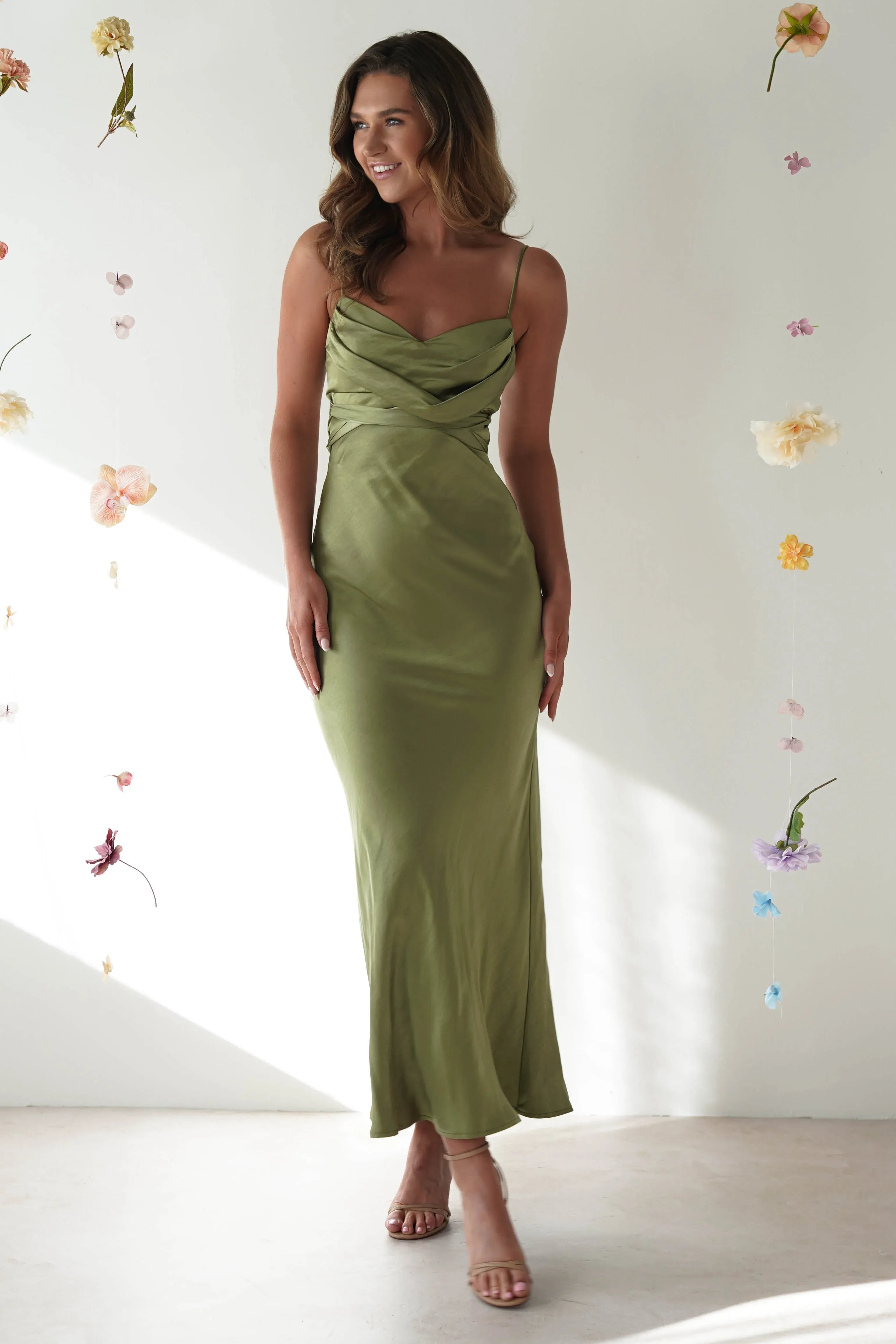 Olive Green Spaghetti Strap Midi Bridesmaid Dress with Bow Tie Back