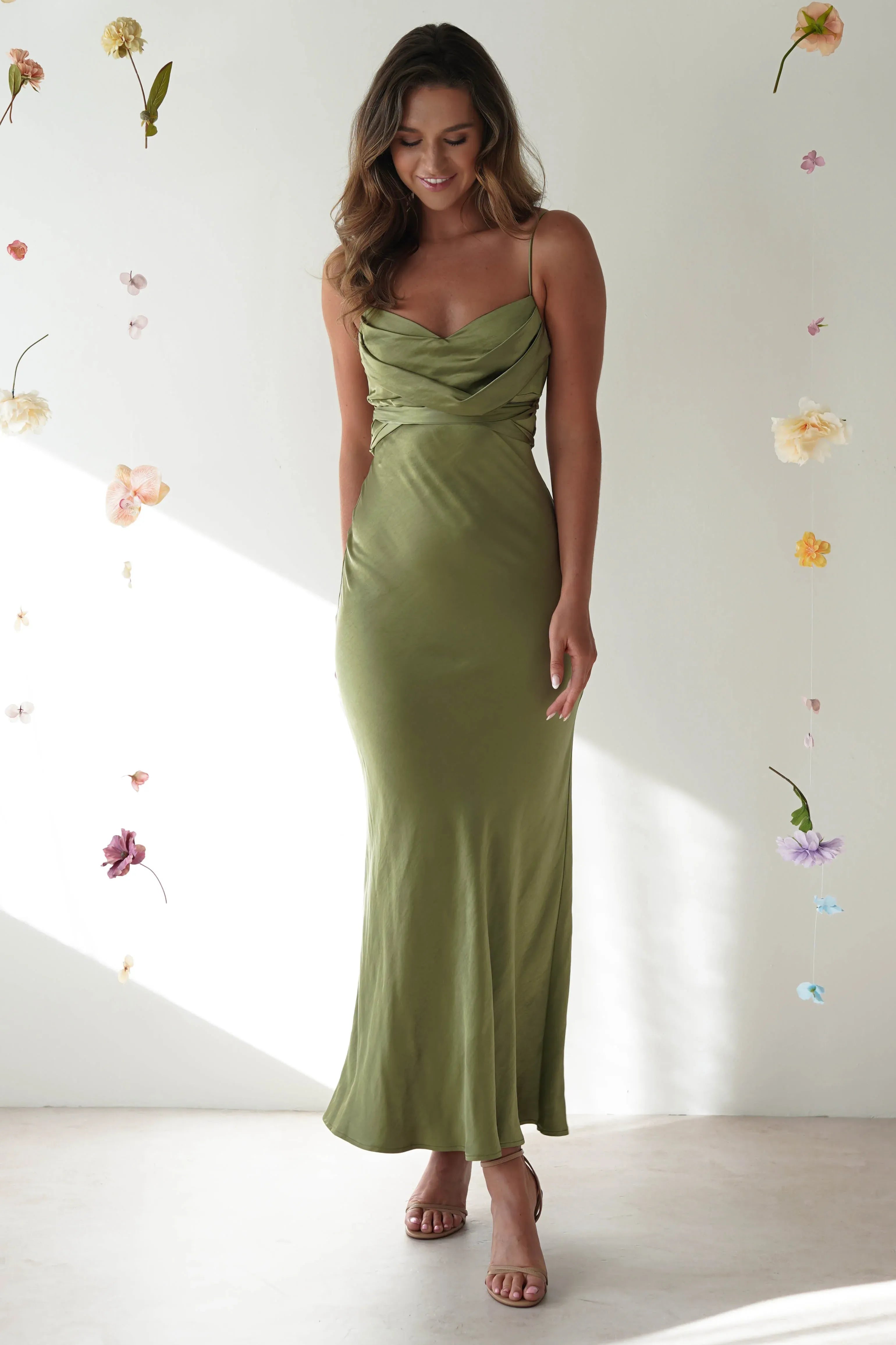 Olive Green Spaghetti Strap Midi Bridesmaid Dress with Bow Tie Back