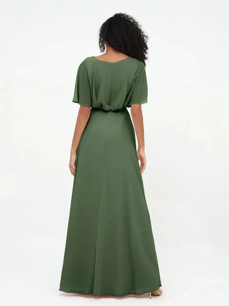 Olive‑Green Chiffon Boat‑Neck Flutter‑Short‑Sleeve Tie‑Waist A‑Line Bridesmaid Dresses