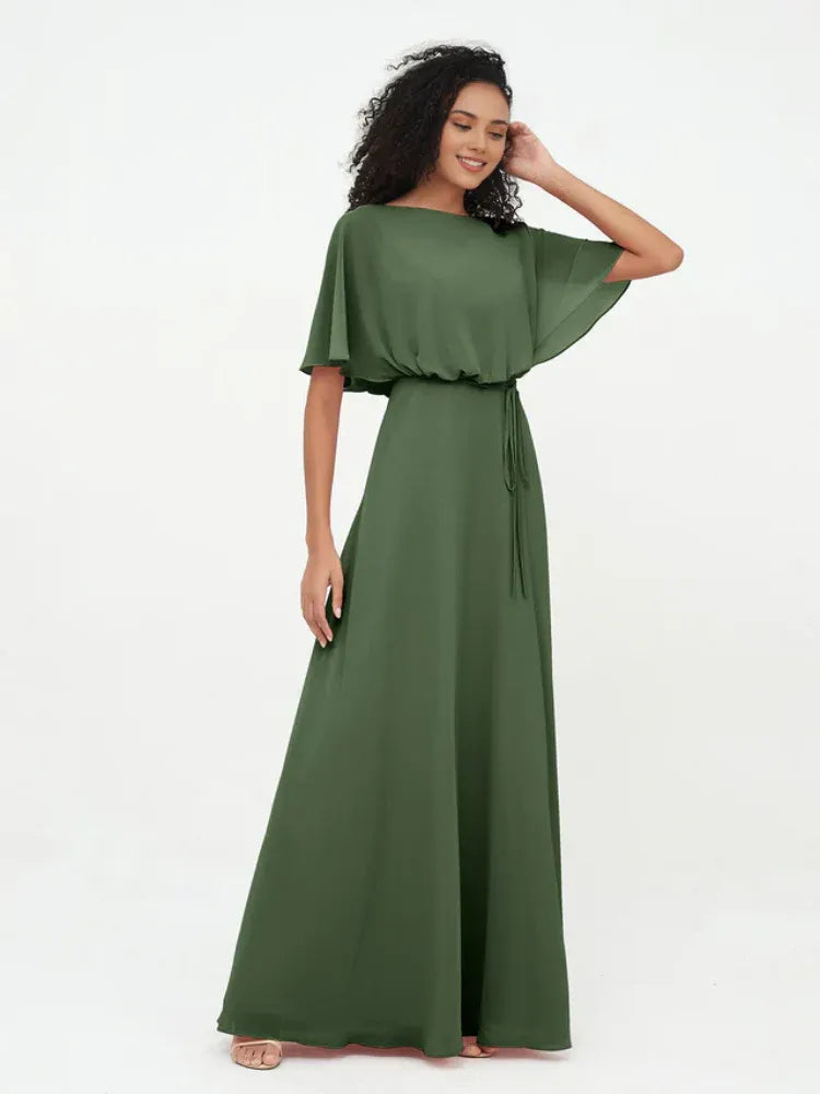 Olive‑Green Chiffon Boat‑Neck Flutter‑Short‑Sleeve Tie‑Waist A‑Line Bridesmaid Dresses