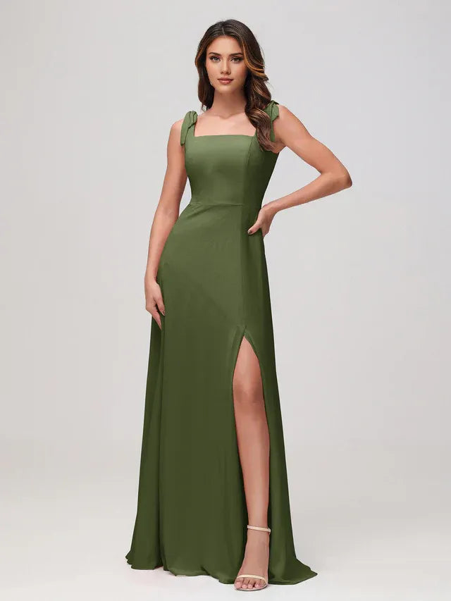 Olive‑Green Chiffon Bow‑Shoulder Square‑Neck High‑Slit A‑Line Bridesmaid Dresses