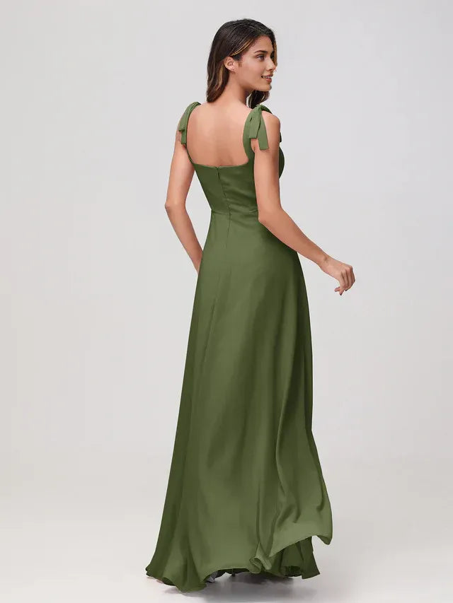 Olive‑Green Chiffon Bow‑Shoulder Square‑Neck High‑Slit A‑Line Bridesmaid Dresses