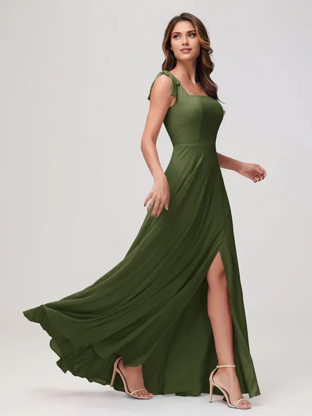 Olive‑Green Chiffon Bow‑Shoulder Square‑Neck High‑Slit A‑Line Bridesmaid Dresses