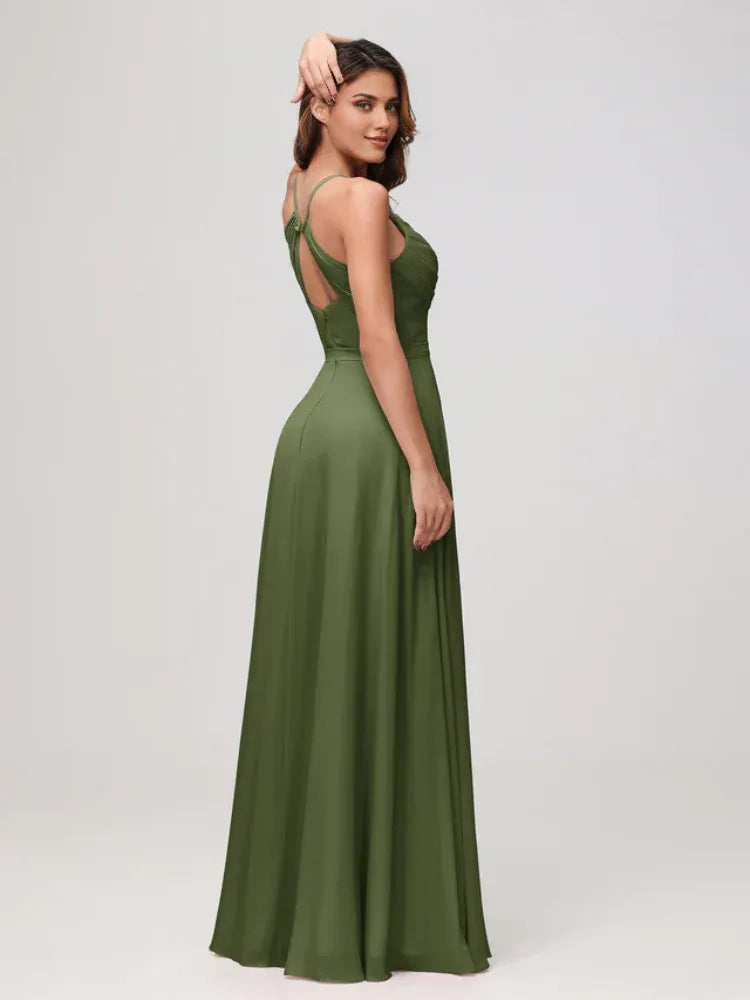 Olive‑Green Chiffon Cowl‑Neck Spaghetti‑Strap Tie‑Waist High‑Slit A‑Line Bridesmaid Dresses